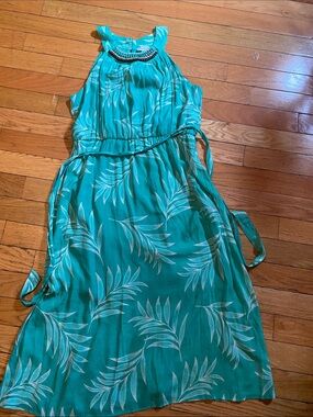 Luxology Teal Tropical Print Maxi Dress with Beaded Neckline